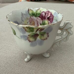 Footed Teacup with Painted Roses Trimmed in Gold